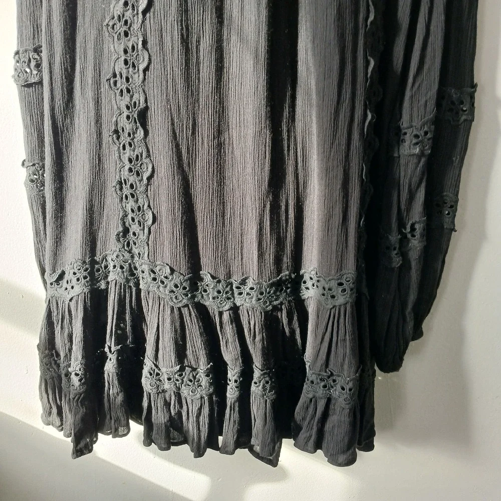 Free People Size Small Snow Angel Mini Dress Black Long Sleeve‎ Bohemian Slip - Picture 13 of 13